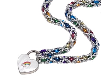 Rainbow LGBTQ Pride Submissive Day Collar with Small Heart Lock Choose Silver or Black