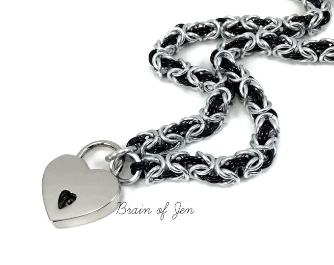 BDSM Slave Collar Silver and Black Submissive Day Collar with Heart Lock