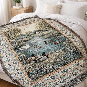 Mallard duck blanket woven tapestry blanket displayed on bed, rustic cabin decor blanket with vintage farmhouse decor ducks, cozy hunting cabin blanket, cottagecore decor cotton throw for mom.