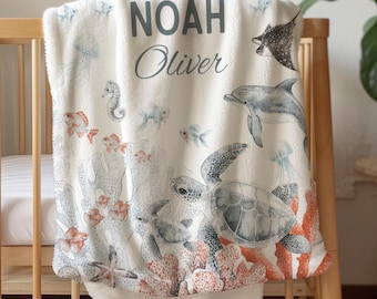 Sea Turtle Blanket Ocean Nursery decor gift for boy personalized blanket baby bedding Under the sea nursery Whale blanket Nautical nursery