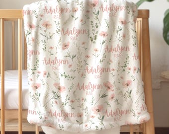 Manta de bebé con flores silvestres Manta con nombre personalizado para niña Decoración de guardería con flores silvestres Regalo de manta floral Manta floral personalizada para niña recién nacida