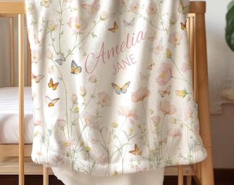 Wildflower blanket Personalized baby Butterfly blanket Boho baby blanket newborn gift idea Butterfly nursery Wildflower room decor gift girl