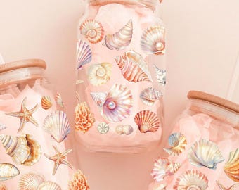 Sea shell Tumbler Glass Iced Coffee Cup Bridesmaid Gift for Beach Lover Birthday Gift for Best Friend present for mom beach Coastal wedding