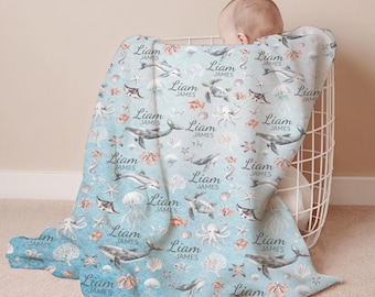 Personalized Blanket Ocean Theme Nursery Decor Baby name Blanket Boy Whale Nursery Crib Bedding Baby boy Ocean Blanket Sea Animal blanket