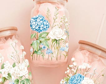 Hydrangea lover gift glass Cup Floral sipper cup for friend Grandma Rose iced coffee cup Birthday Gift for Mom Housewarming Gift for teacher
