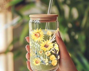 Sunflower Glass Tumbler with lid and straw Wedding Gift Bridesmaid Present Floral Sipper Iced coffee Cup Party drinkware Present for mom