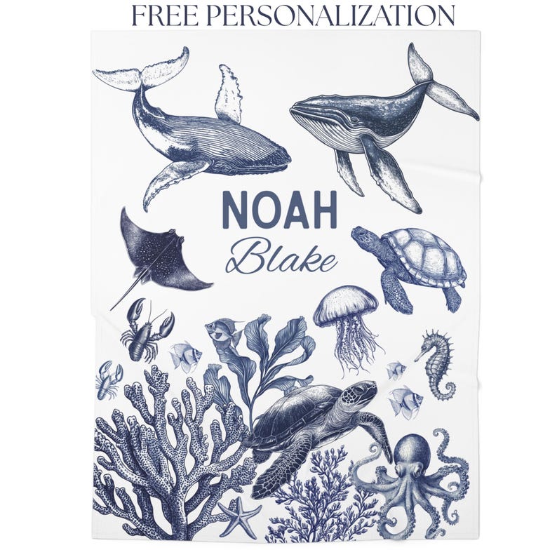Baby Boy Turtle Blanket for Ocean Crib Bedding Set – Personalized blanket with under the sea animals, ideal for nautical nursery themes and new baby gifts.