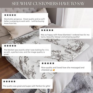 May include: A white blanket with a black and gray forest animal design, including bears and rabbits. The blanket is displayed on a bed with customer reviews in the background. The text "SEE WHAT CUSTOMERS HAVE TO SAY" is at the top.