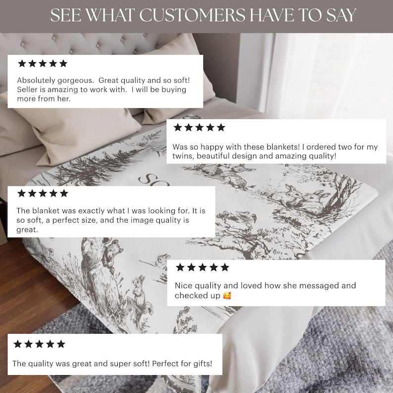 May include: A white blanket with a black and gray forest animal design, including bears and rabbits. The blanket is displayed on a bed with customer reviews in the background. The text "SEE WHAT CUSTOMERS HAVE TO SAY" is at the top.