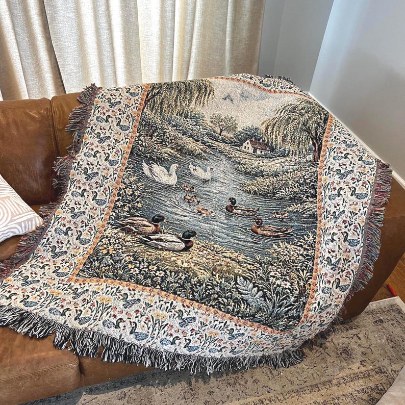 Cottage core woven blanket with mallard duck pond scene, cotton throw blanket for farmhouse decor ducks, hunting cabin decor, rustic living room throw, vintage nature tapestry blanket.