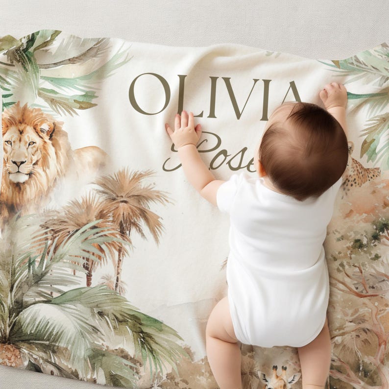 Custom safari name blanket for boys featuring adorable safari animals, perfect for baby gift, toddler blanket, and vintage safari nursery style.