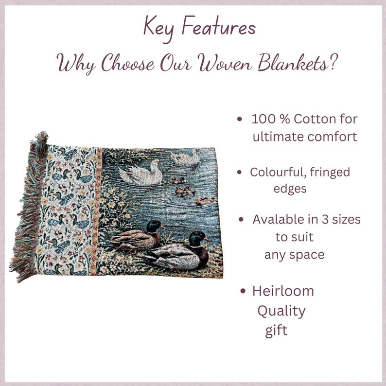 May include: Woven blanket with a nature scene featuring ducks on a pond. The blanket has fringed edges and a floral pattern on the left side. The text "Key Features" and "Why Choose Our Woven Blankets?" are visible.