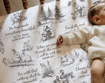 Ropa de cama con versículos bíblicos, regalo para bebé, regalo de bautizo, sábana bajera para cuna, decoración de guardería con temática de bosque, manta cristiana, regalos de fe para niños, sábanas