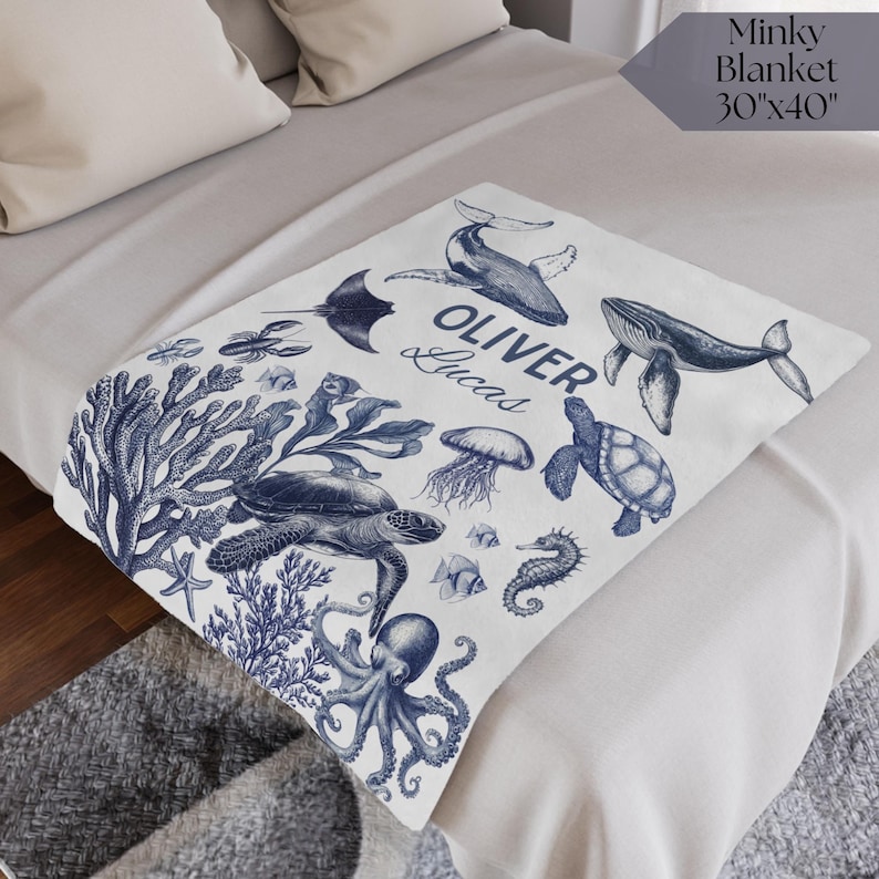 Under the Sea Baby Blanket with Turtle Design – Cozy and cute crib-sized ocean blanket, great newborn boy gift and ocean-themed nursery essential.