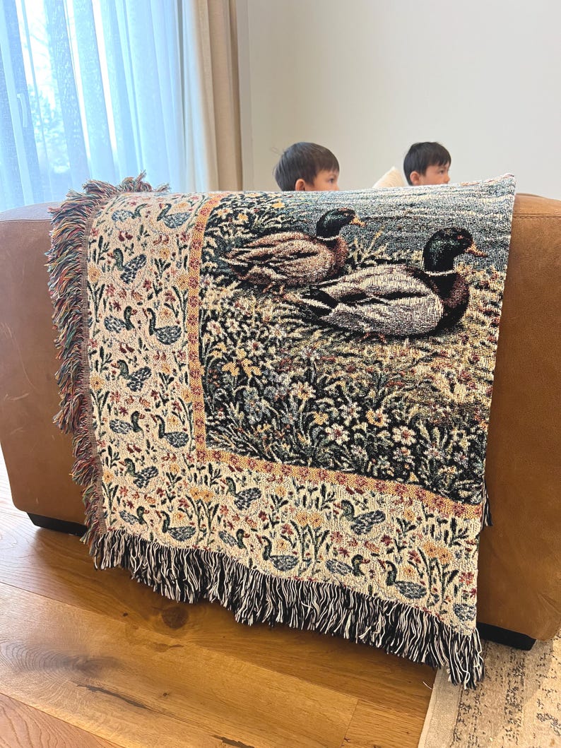 Cotton woven mallard duck blanket with pastoral lake scene, cottage core farmhouse throw blanket, hunting cabin decor blanket, rustic living room couch throw, vintage wildlife tapestry.