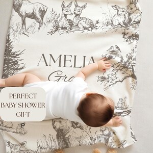 Personalized woodland baby blanket for baptism gift, soft christening blanket with woodland animals, perfect for baby’s special day.