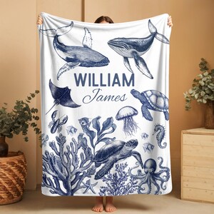 Ocean Blanket Boy with Sea Turtles for Nautical Nursery – Soft newborn crib blanket featuring turtle and ocean toile design, perfect for under the sea nursery decor.