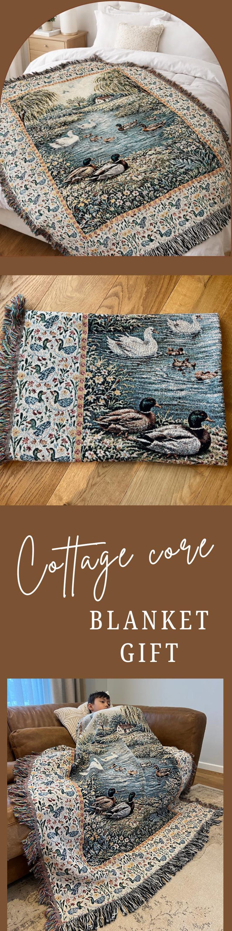 May include: A woven blanket with a pastoral scene of ducks and swans on a lake, with a floral border. The blanket has a fringed edge and is displayed on a wooden surface. The text "Cottage core BLANKET GIFT" is also visible.
