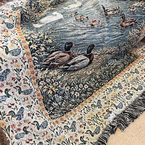 Cottagecore mallard duck woven throw blanket in cotton, rustic farmhouse decor ducks blanket, hunting lodge decor, cozy living room throw, nature inspired cabin blanket.