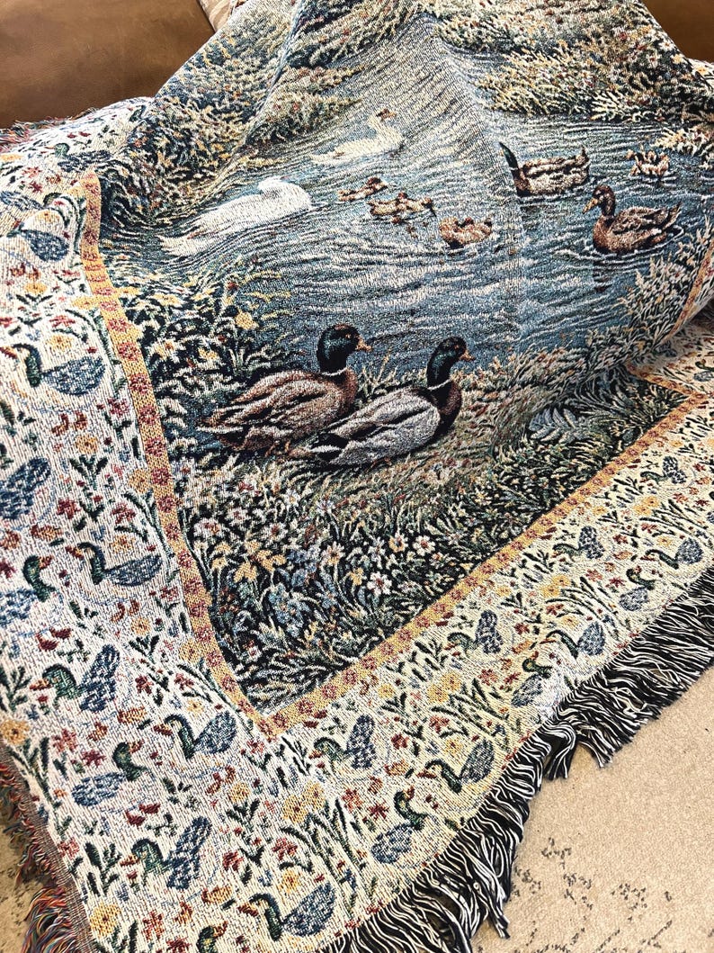 Cottagecore mallard duck woven throw blanket in cotton, rustic farmhouse decor ducks blanket, hunting lodge decor, cozy living room throw, nature inspired cabin blanket.