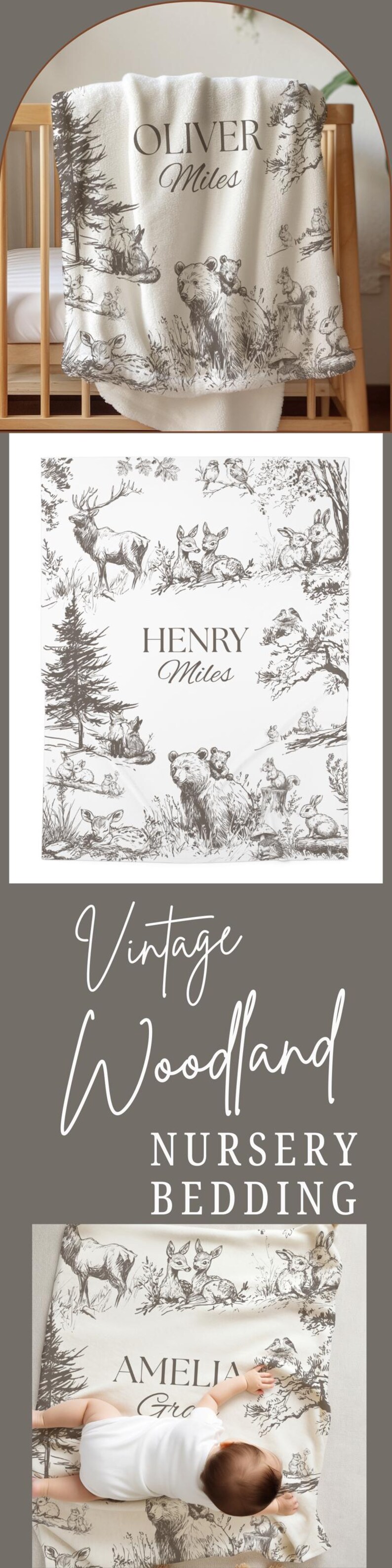 Personalized woodland baby blanket for Easter gift, soft spring baby shower present with woodland décor style for nursery and toddler room.