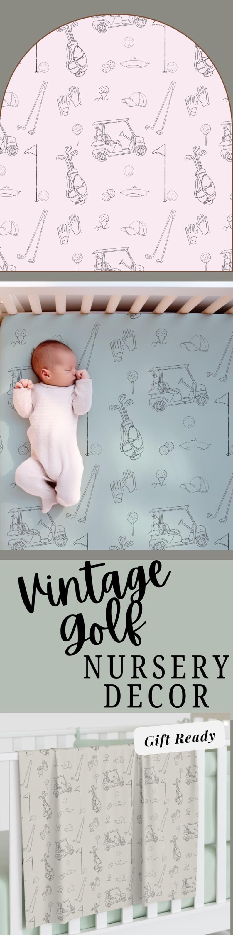 Luxury golf nursery bedding and decor gift set for first-time parents passionate about golf.