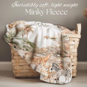 Safari baby shower gift idea – personalized safari blanket with custom name for boys, great for nursery décor, safari room theme, and toddler bedding.