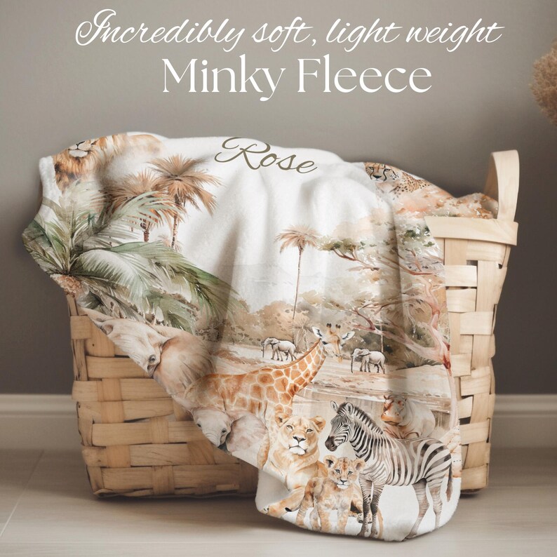 Safari baby shower gift idea – personalized safari blanket with custom name for boys, great for nursery décor, safari room theme, and toddler bedding.