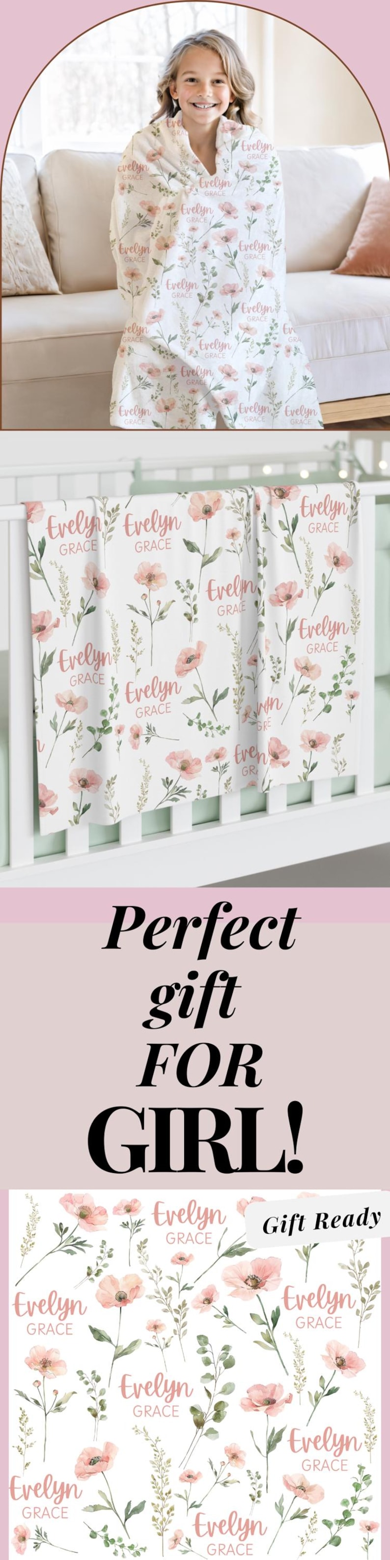Floral swaddle blanket personalized for baby girl, perfect for monthly milestone photos, her first birthday, or as a gentle wrap in her going home outfit from the hospital.