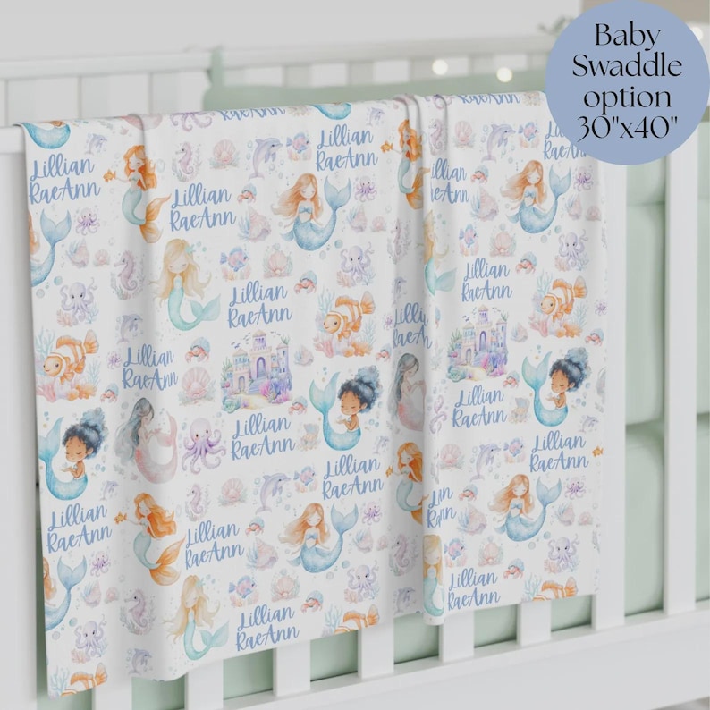 Personalized Mermaid Blanket for Girl for Easter basket gift, custom kid blanket for springtime surprise for mermaid lover.