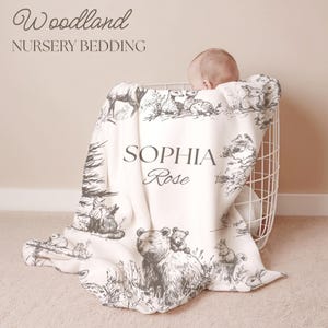 Custom woodland baby blanket for newborn photography prop, personalized gift for woodland nursery and timeless keepsake memory.