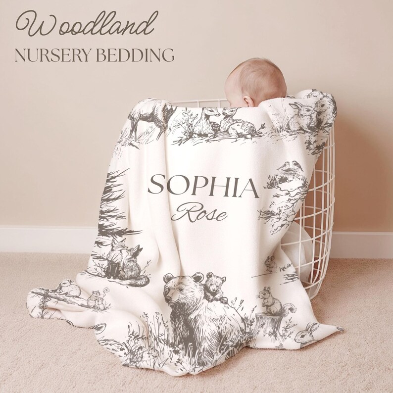 Custom woodland baby blanket for newborn photography prop, personalized gift for woodland nursery and timeless keepsake memory.