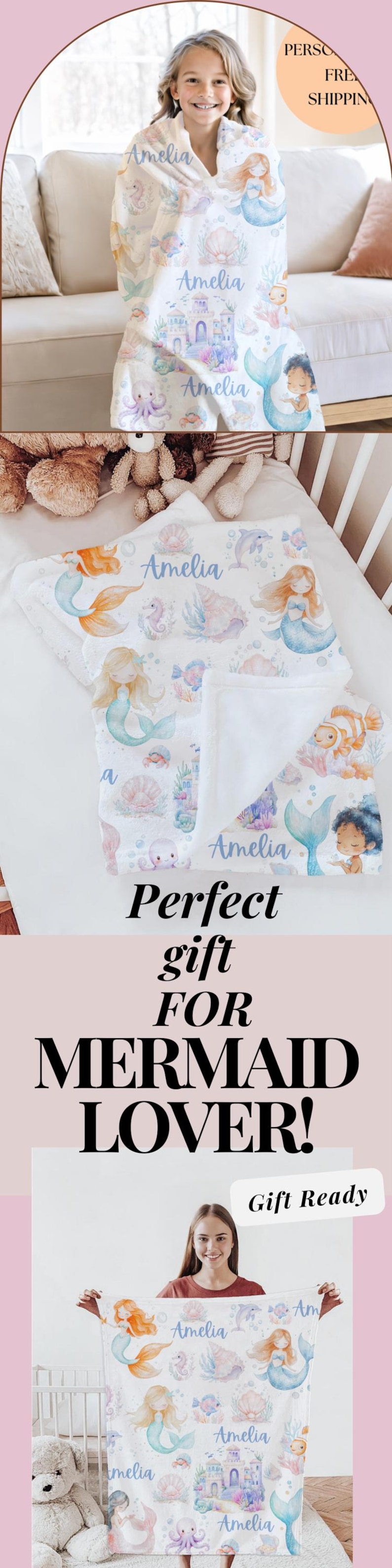 Mermaid Lover Gift for Valentine’s Day, personalized mermaid blanket for girl, soft and cozy custom kid keepsake