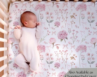Pink Hydrangea baby Crib Sheets Hydrangea Nursery decor floral crib bedding set for cribs baby girl gift for new mom Bow crib sheet set girl