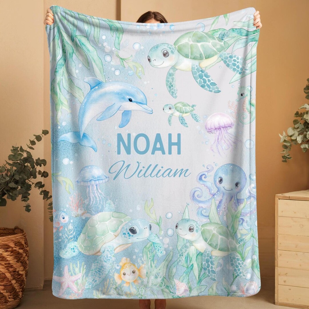 Turtle Baby Blanket Custom Name Kids Blanket Under the Sea Nursery ...