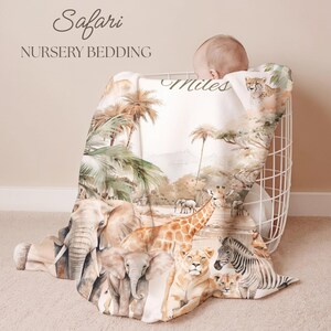 Vintage safari nursery personalized baby blanket for boys with jungle animals, perfect for safari-themed baby shower gift or toddler room accent.