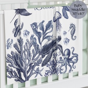 Newborn Ocean Toile Crib Bedding Set for Boys – Elegant under the sea blanket set with sea turtle print, ideal gift for ocean nursery and coastal baby rooms. Ocean swaddle blanket.