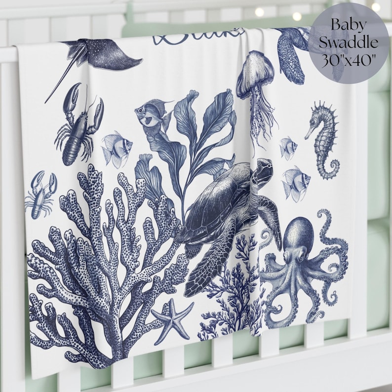 Newborn Ocean Toile Crib Bedding Set for Boys – Elegant under the sea blanket set with sea turtle print, ideal gift for ocean nursery and coastal baby rooms. Ocean swaddle blanket.