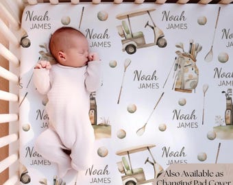 Custom Name Crib Sheet Golf Nursery Decor Personalized Baby Shower Gift Boy Vintage Golf baby gift newborn Sport Theme Nursery Golf bedding