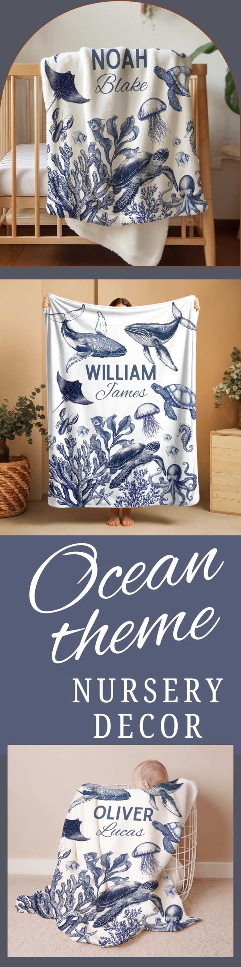 Ocean-Themed Newborn Blanket with Toile Turtle Print – Soft baby gift blanket designed for coastal nurseries, featuring nautical sea turtles and ocean waves.