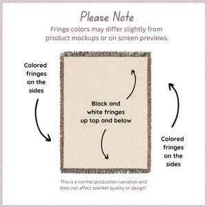 May include: A rectangular woven blanket with a cream-colored center and black and white fringes at the top and bottom. The sides have colored fringes. The text reads "Please Note" and explains fringe color variations.