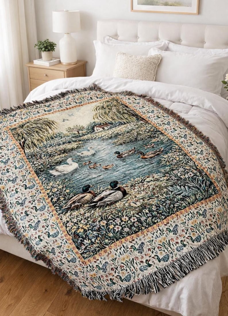 Mallard duck blanket woven tapestry blanket displayed on bed, rustic cabin decor blanket with vintage farmhouse decor ducks, cozy hunting cabin blanket, cottagecore decor cotton throw for mom.