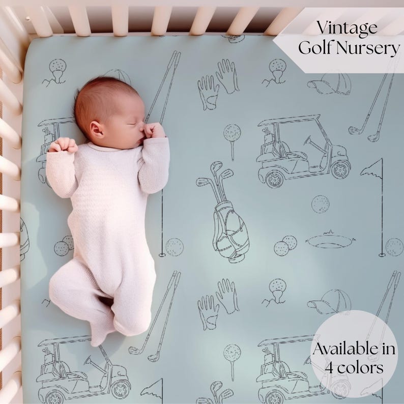 Golf-themed baby shower gift idea with vintage golf nursery decor and cozy golf baby blanket. Green Golf themed fitted crib sheet. Perfect for Golf Nursery for boy.