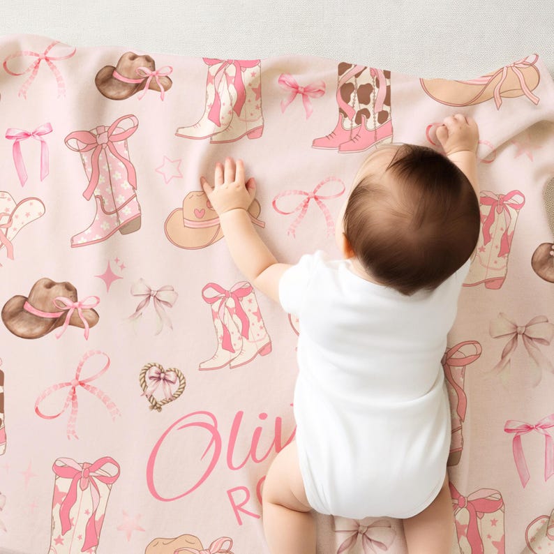Custom western-themed throw blanket featuring cowboy boots, horseshoes, and star patterns, an ideal gift for a western girl’s bedroom, cowgirl nursery décor, or rustic country home styling.