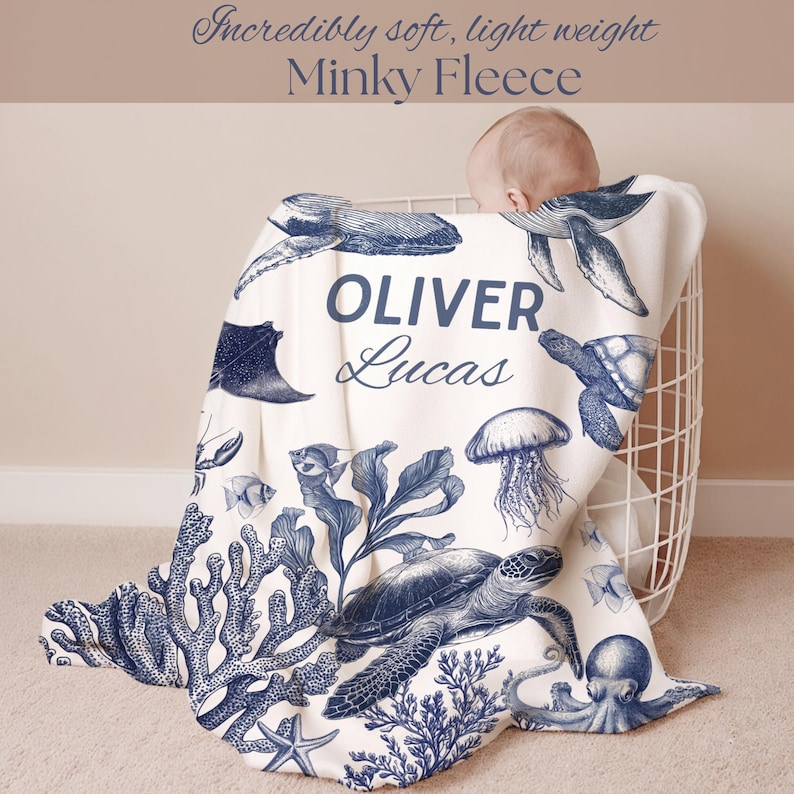 Personalized Turtle Blanket for Baby Boy Crib Bedding – Ocean-themed crib blanket with adorable turtles, a charming baby shower gift and nautical nursery accessory.