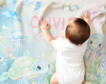 Gepersonaliseerde naam deken baby schildpad kinderkamer decor Under the Sea kinderkamer beddengoed cadeau baby aangepaste naam deken cadeau peuter deken oceaan