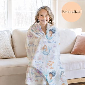 Personalized Mermaid Blanket for Girl as a magical birthday gift for toddler, soft custom kid blanket for mermaid lover.