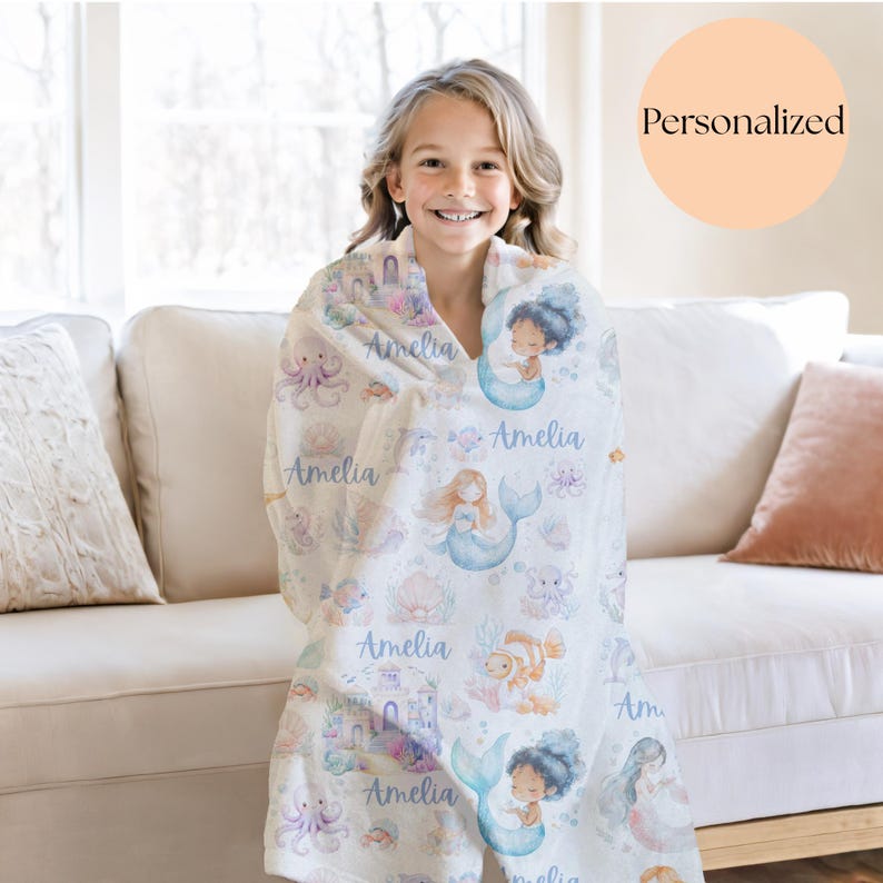 Personalized Mermaid Blanket for Girl as a magical birthday gift for toddler, soft custom kid blanket for mermaid lover.