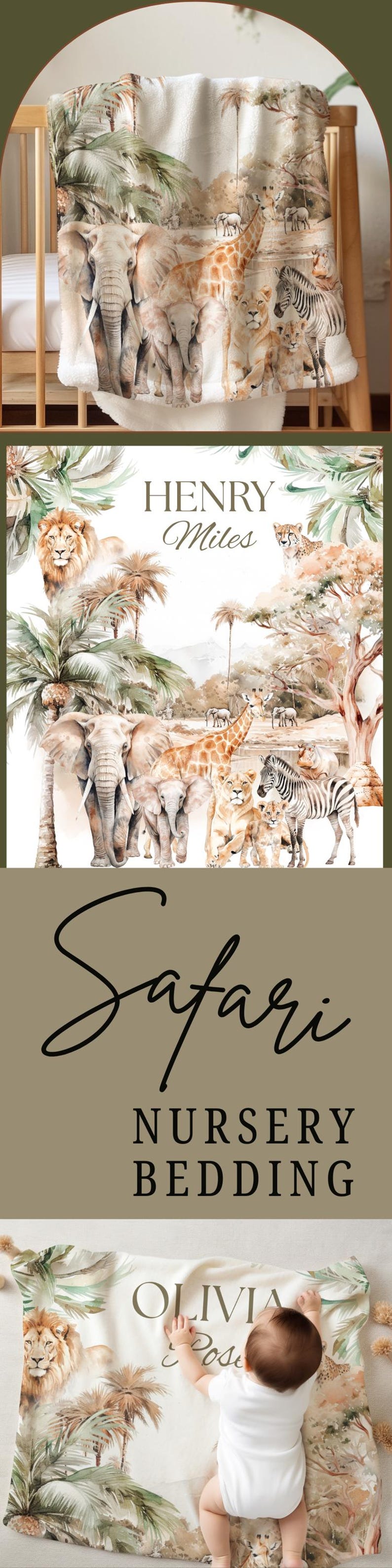 Unique personalized safari blanket for boys, ideal as a safari baby shower gift, toddler bedding, and vintage-inspired safari nursery decoration.