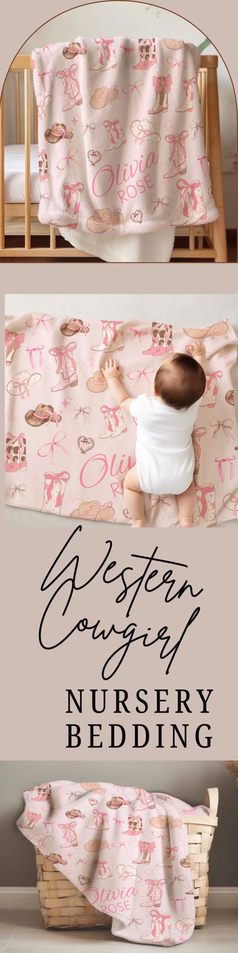 Handmade western cowgirl patchwork blanket featuring horses, boots, and paisley prints, perfect as a personalized baby gift, western nursery decoration, or unique girls’ bedroom accent.